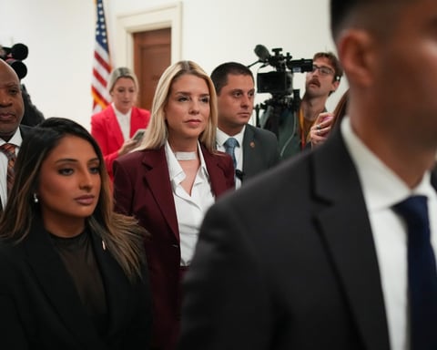 Former Attorney General Pam Bondi arrives at Capitol Hill for her closed-door House Oversight Committee deposition on the Epstein files, May 29, 2026