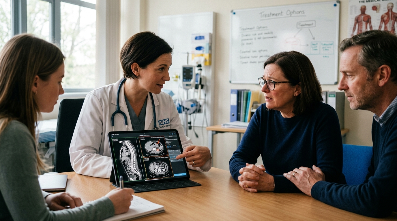 doctor discussing pancreatic cancer treatment options with patient