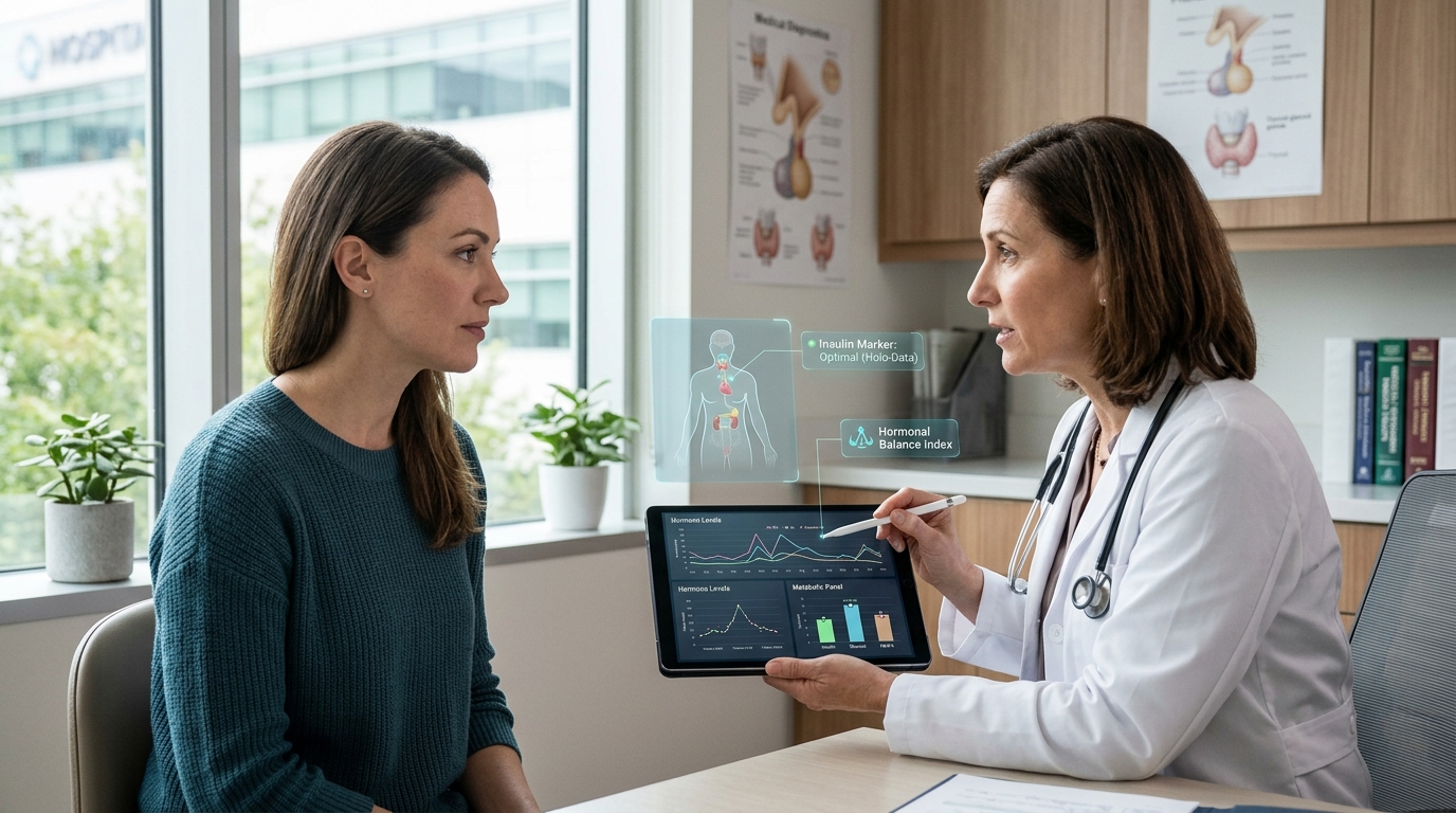 Medical consultation on hormonal imbalance diagnosis Doctor analyzing hormonal imbalance charts during PCOS PMOS consultation