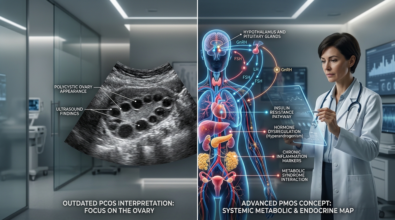 Medical comparison showing PCOS versus PMOS hormonal and metabolic reclassification in women’s health