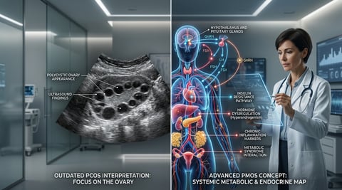 Medical comparison showing PCOS versus PMOS hormonal and metabolic reclassification in women’s health