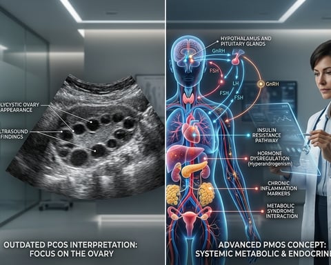 Medical comparison showing PCOS versus PMOS hormonal and metabolic reclassification in women’s health