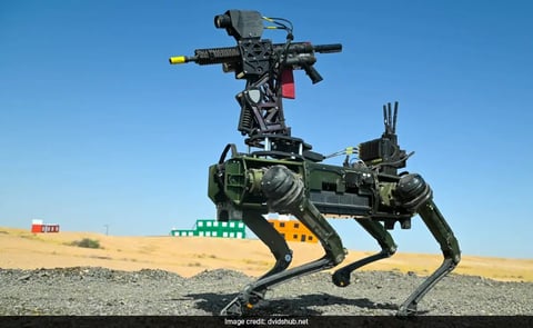 Pentagon robotic war dog with AI-powered 3D battlefield mapping technology during Pentagon Lab Day 2026