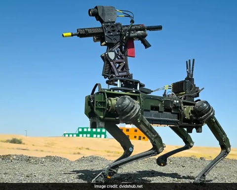 Pentagon robotic war dog with AI-powered 3D battlefield mapping technology during Pentagon Lab Day 2026