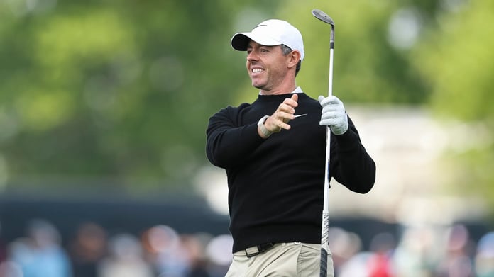 PGA Championship 2026 Round 1 at Aronimink Golf Club showing intense leaderboard battle with McIlroy and Scheffler in contention