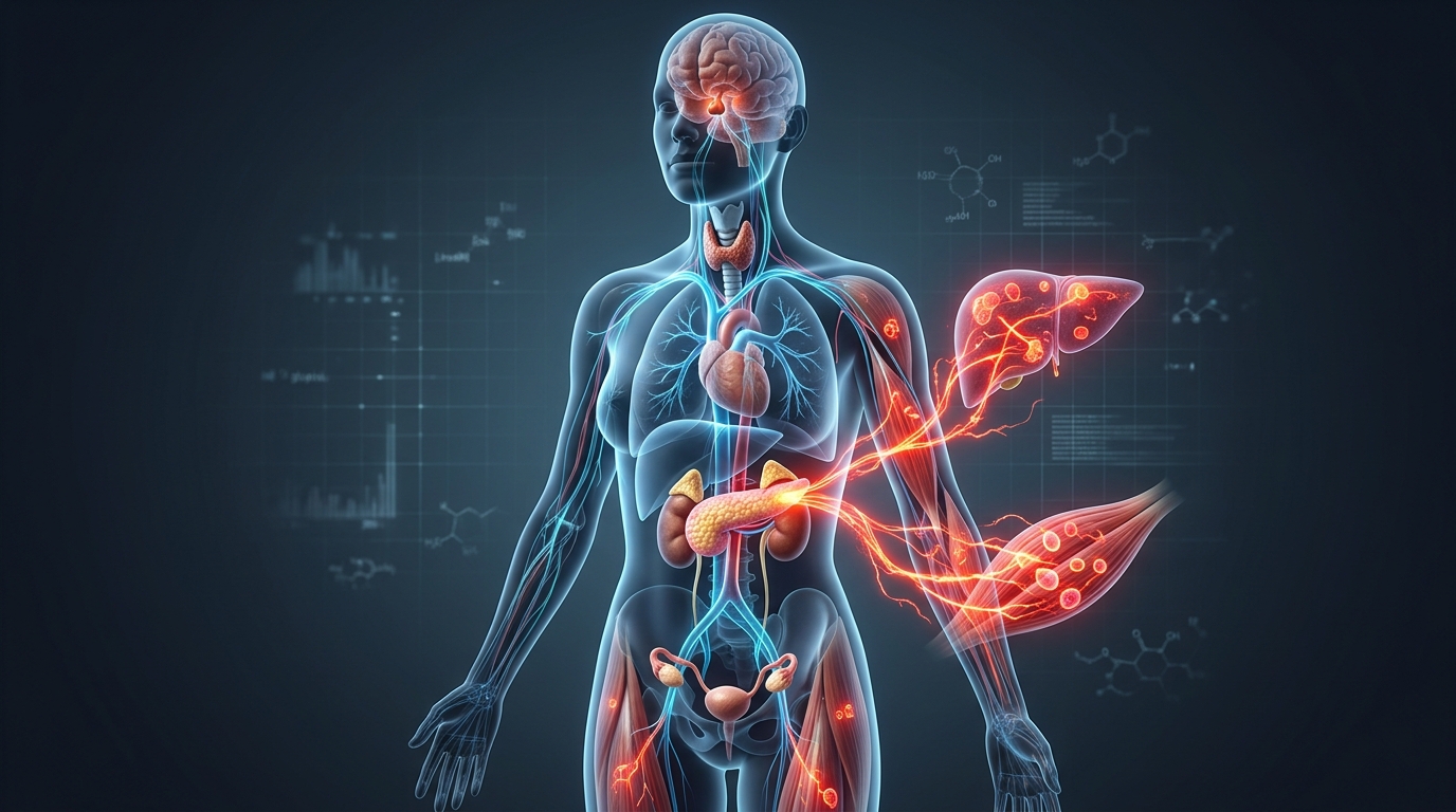 PMOS and metabolic dysfunction insulin resistance map Human body diagram showing insulin resistance and metabolic disruption in PMOS