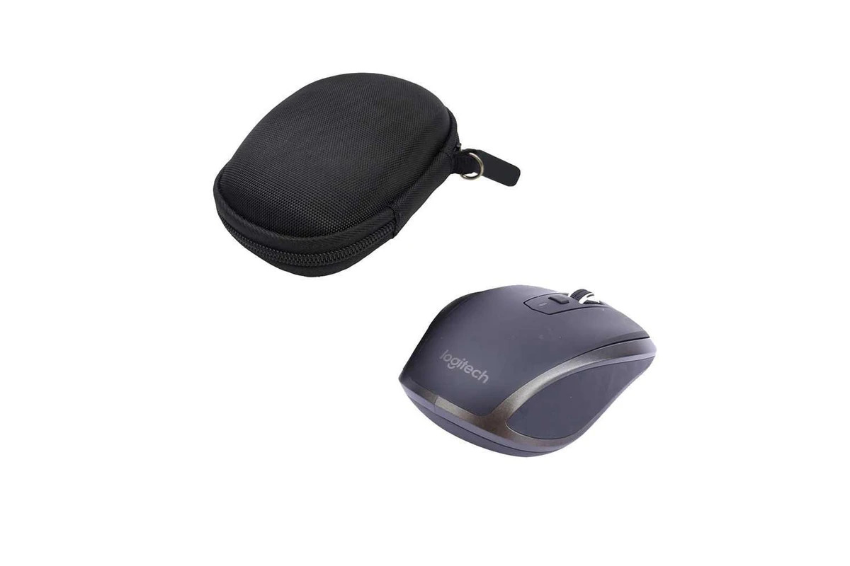Folded Logitech wireless mouse inside slim laptop travel bag