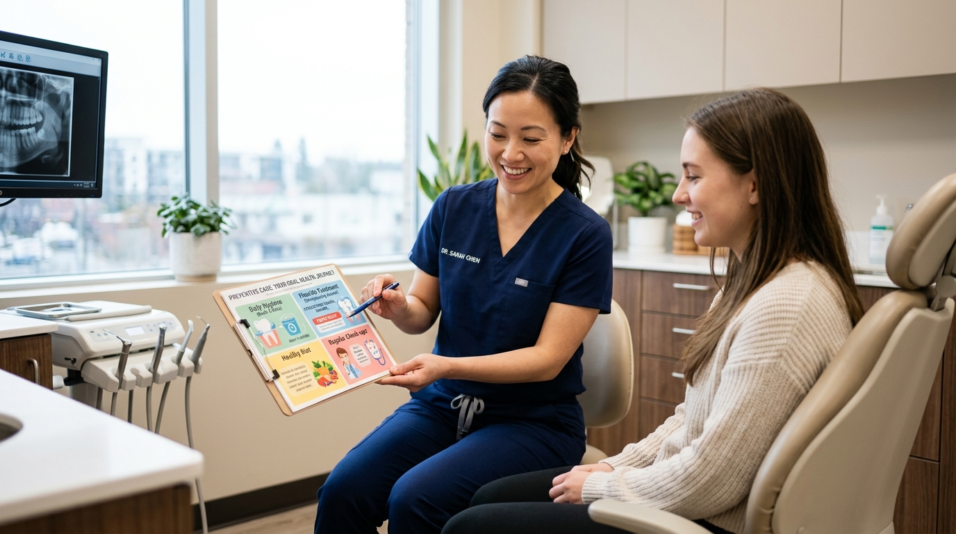 Dentist explaining preventive dentistry and fluoride treatment options to patient