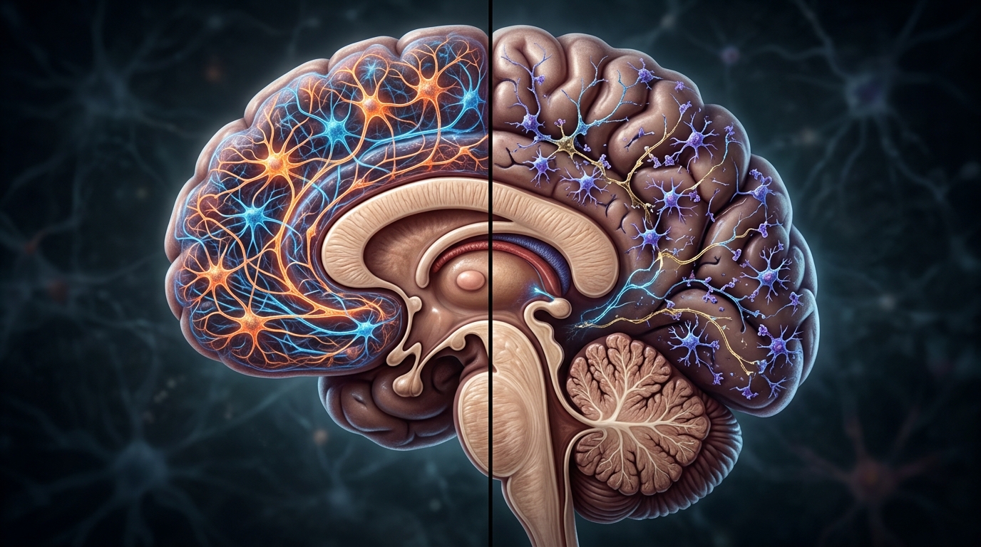 Illustration showing brain synaptic pruning differences linked to schizophrenia risk and neurodevelopmental variation
