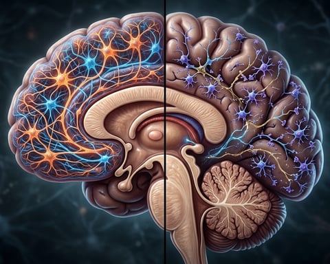 Illustration showing brain synaptic pruning differences linked to schizophrenia risk and neurodevelopmental variation