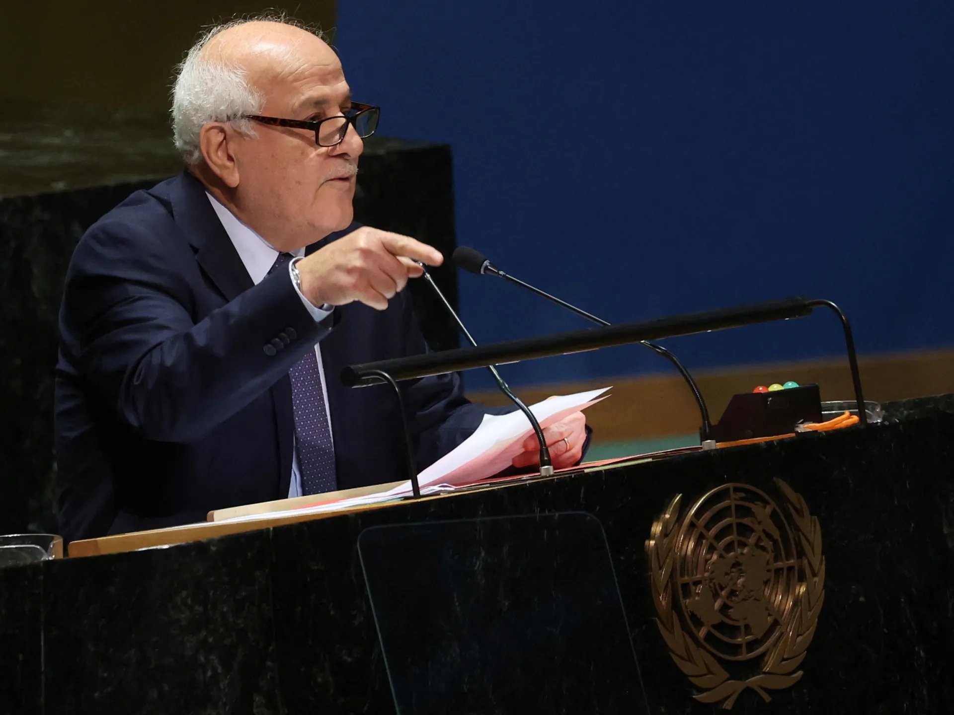 Palestinian UN envoy Riyad Mansour speaks during a United Nations session on Gaza