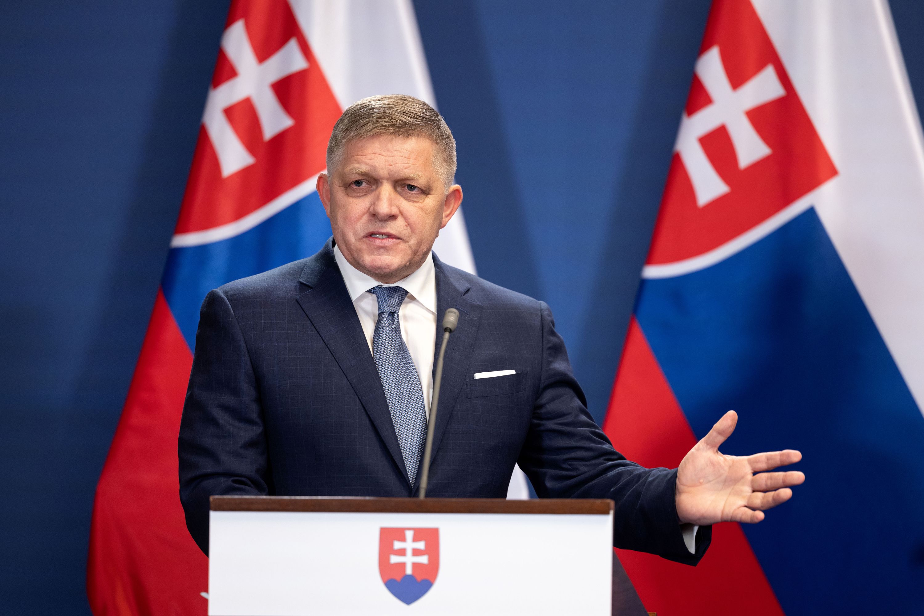 Slovak Prime Minister Robert Fico speaking against Ukraine EU membership proposal