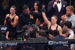 Ronda Rousey celebrates after defeating Gina Carano during Netflix's record-setting MMA event
