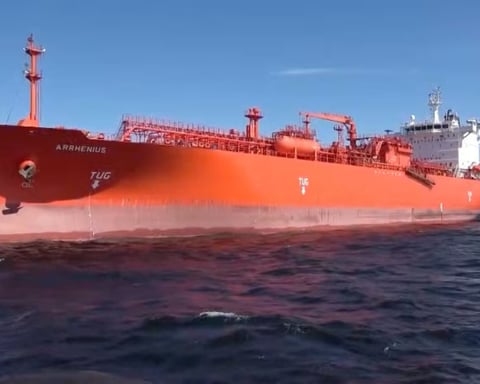 Russian authorities inspect the Arrhenius gas carrier at Ust-Luga after alleged NATO-style mines were discovered on the Turkey-bound vessel