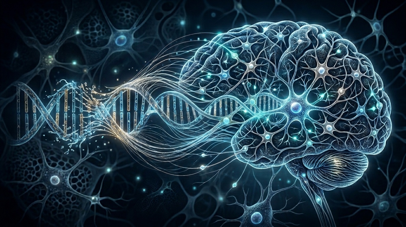 DNA structure transforming into neural brain network illustrating schizophrenia genetics research