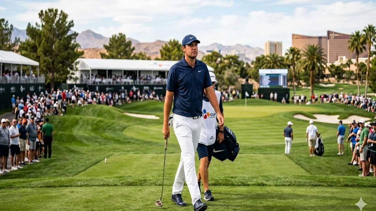 Leaderboard showing Wyndham Clark and Scottie Scheffler during the CJ Cup Byron Nelson