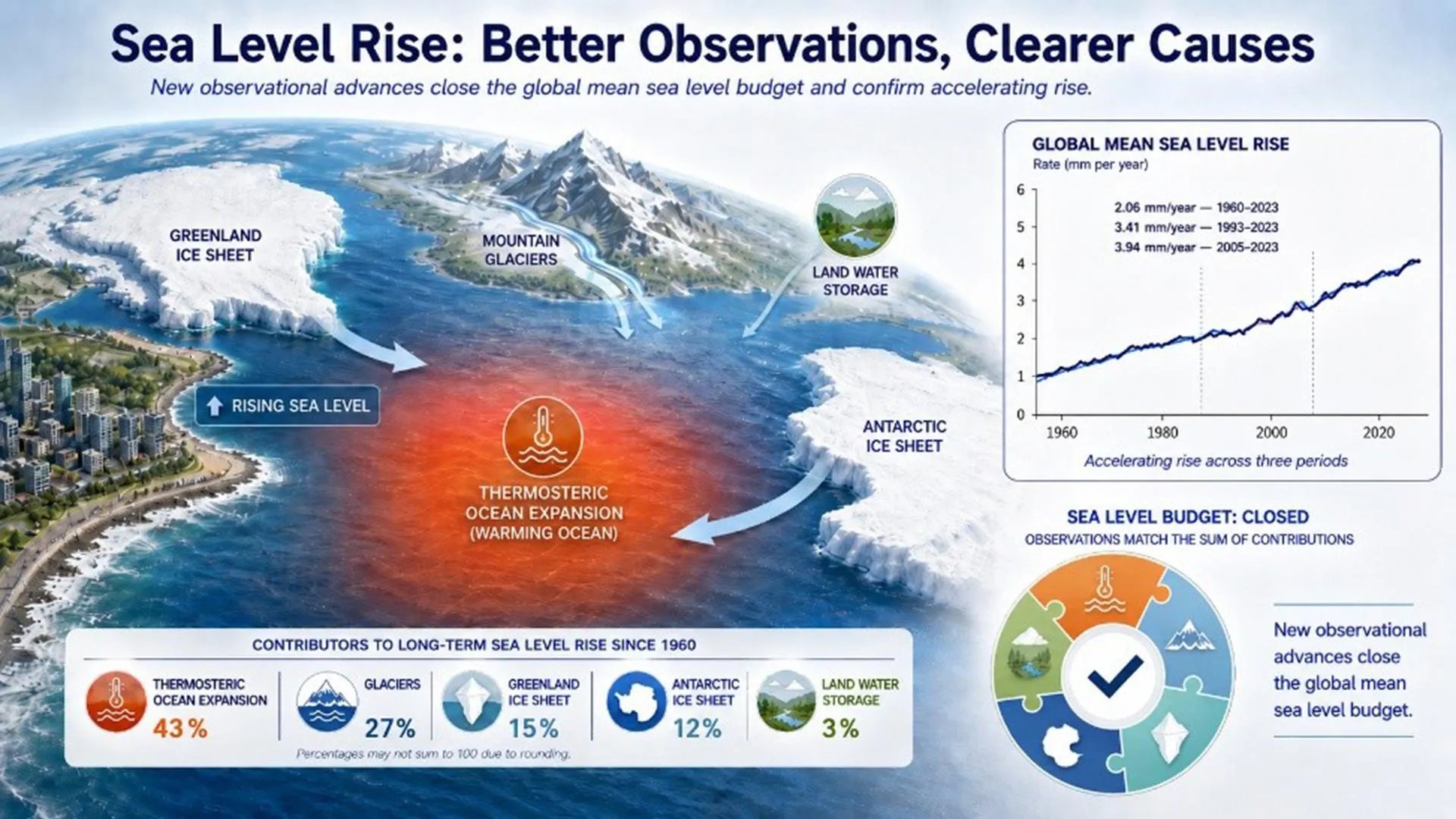 Infographic from Zheng et al. 2026 Science Advances study showing the contributions of ocean warming, glaciers, ice sheets and land water storage to global sea level rise since 1960