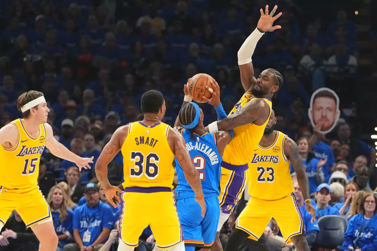 Shai Gilgeous-Alexander celebrates during Thunder Game 1 playoff win over LeBron James and the Lakers