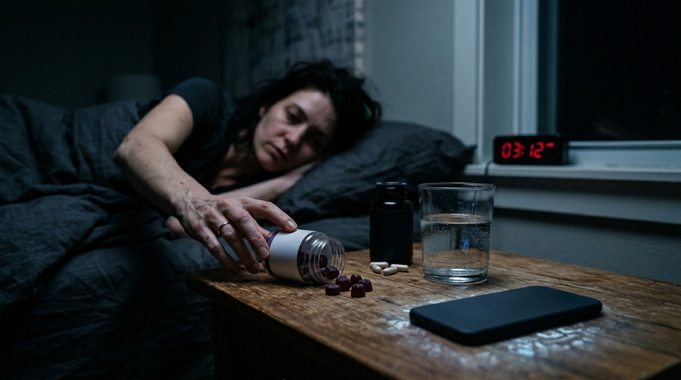 Bedside table with melatonin gummies and magnesium capsules during late-night insomnia