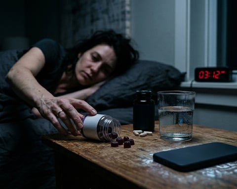 Bedside table with melatonin gummies and magnesium capsules during late-night insomnia