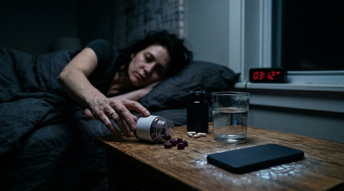 Bedside table with melatonin gummies and magnesium capsules during late-night insomnia