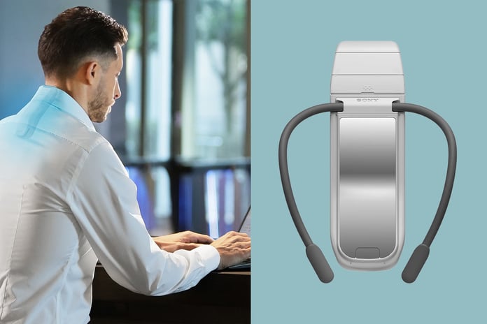 Sony wearable air conditioner cooling device on neck demonstrating personal climate technology in hot weather