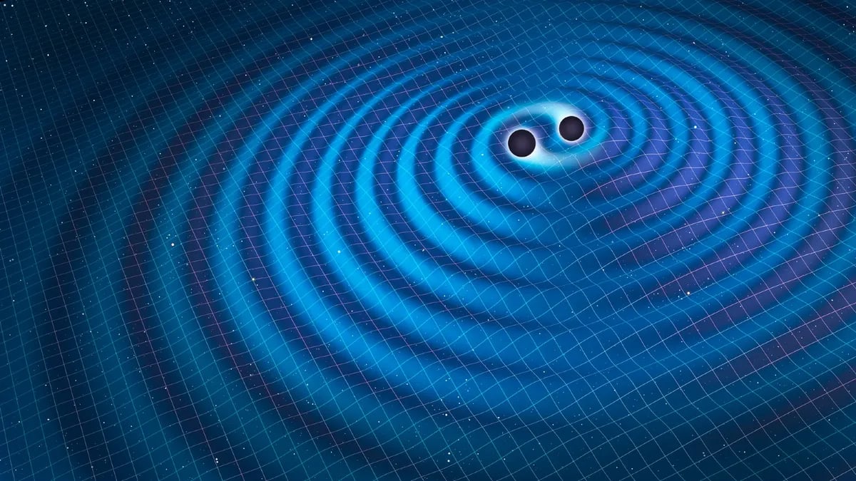 Spacetime ripples from gravitational wave emission Visualization of spacetime ripples spreading outward after a black hole merger