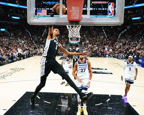 Victor Wembanyama and San Antonio Spurs celebrating Game 6 win over Minnesota Timberwolves 139-109