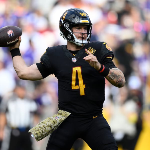 Taylor Heinicke reacts during an NFL game before announcing his retirement at age 33