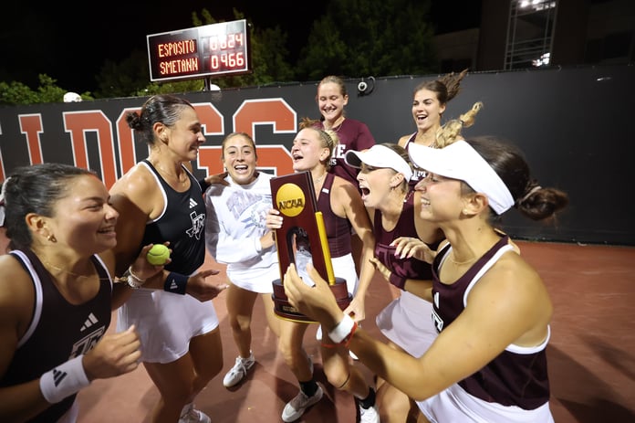 Texas A&M women’s tennis team celebrating 2026 NCAA championship victory over Auburn