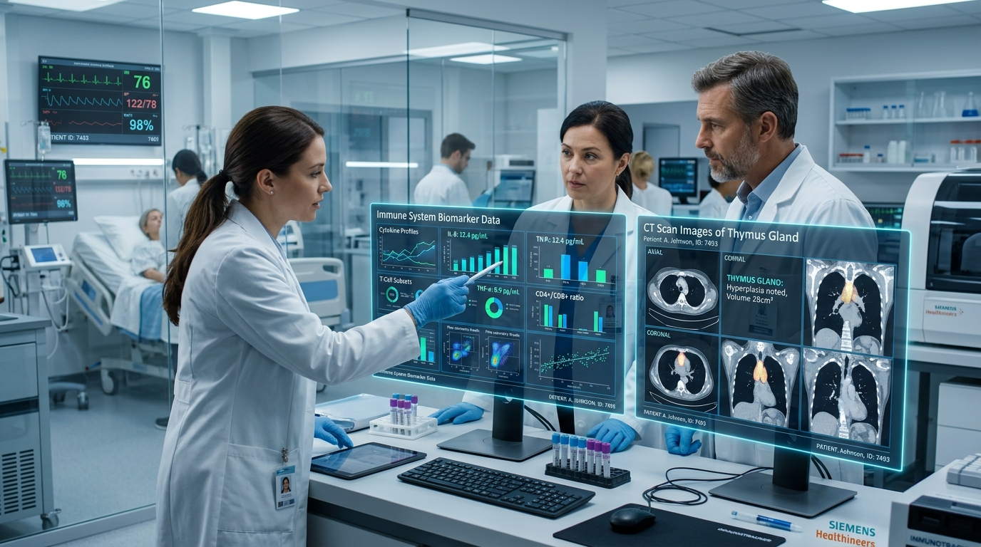 Immune Biomarker Monitoring in Thymus Trials Scientists monitoring thymus function in human clinical trials