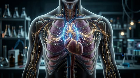 Glowing thymus gland inside human chest showing immune system activity