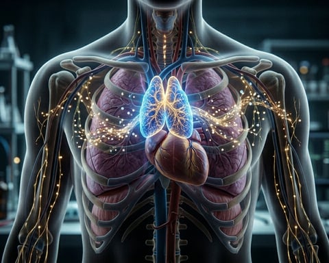 Glowing thymus gland inside human chest showing immune system activity
