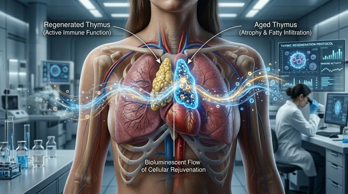 Split visualization of aged and regenerated thymus showing immune system restoration