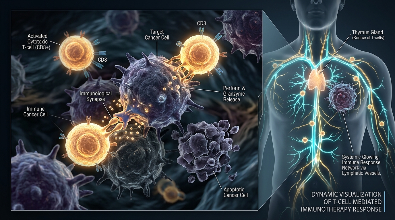 Thymus-Driven Cancer Immunotherapy Response T-cells from thymus attacking cancer cells during immune response