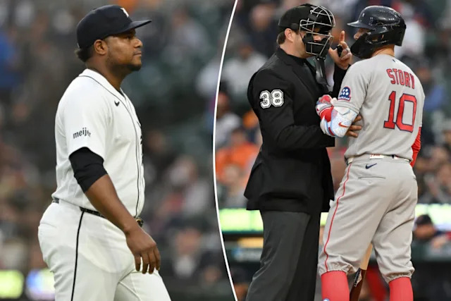 Trevor Story Confronts Tigers After Hit By Pitch Trevor Story reacts after being hit by a Framber Valdez pitch during the Red Sox Tigers game