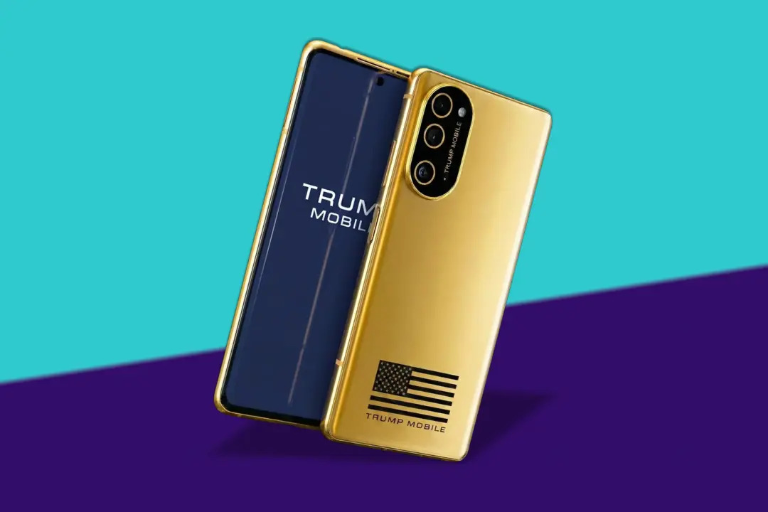 Trump Mobile T1 smartphone gold edition shown on clean tech background after delayed shipping announcement
