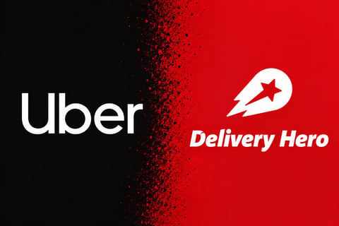 Uber and Delivery Hero logos during takeover battle over Europe and Gulf food delivery markets