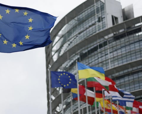 European Union flags at a Council building in Brussels ahead of Ukraine accession talks