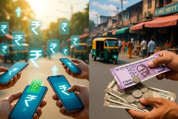UPI digital payment transaction and Indian rupee cash circulation growth in India
