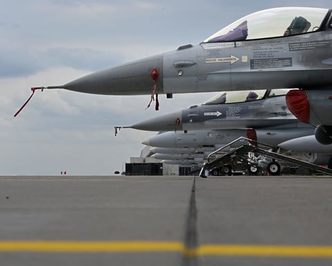 Ukrainian pilots train on US-made F-16 fighter jets during NATO military exercises in Europe