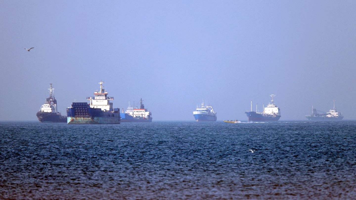Vessels anchored in the Strait of Hormuz off Bandar Abbas in southern Iran, May 4, 2026