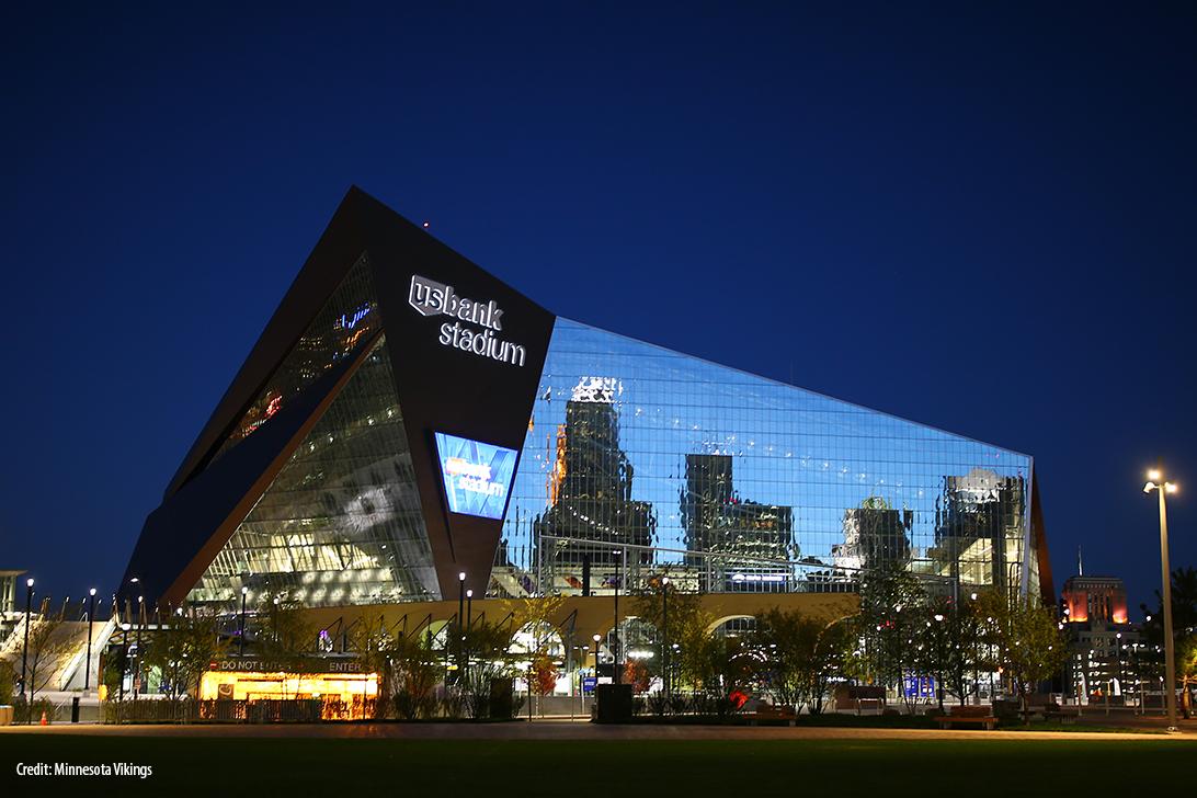 U.S. Bank Stadium with visual overlay representing Minnesota Vikings spending decline and ownership speculation