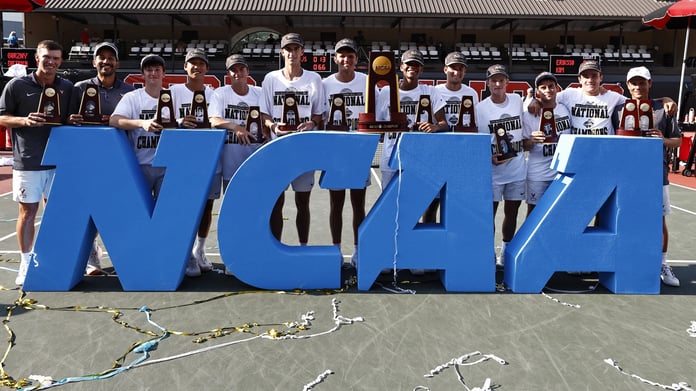 Dylan Dietrich celebrates after clinching Virginia’s NCAA men’s tennis championship victory over Texas