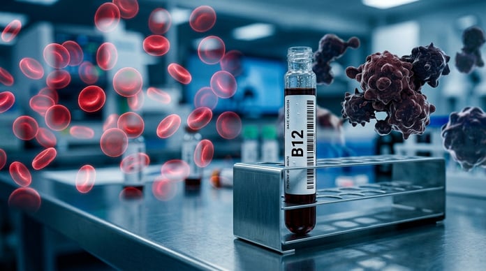 Blood test analysis showing vitamin B12 levels in a clinical laboratory environment
