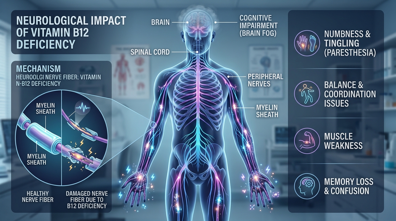 Neurological impact of vitamin B12 deficiency Illustration showing neurological symptoms linked to vitamin B12 deficiency