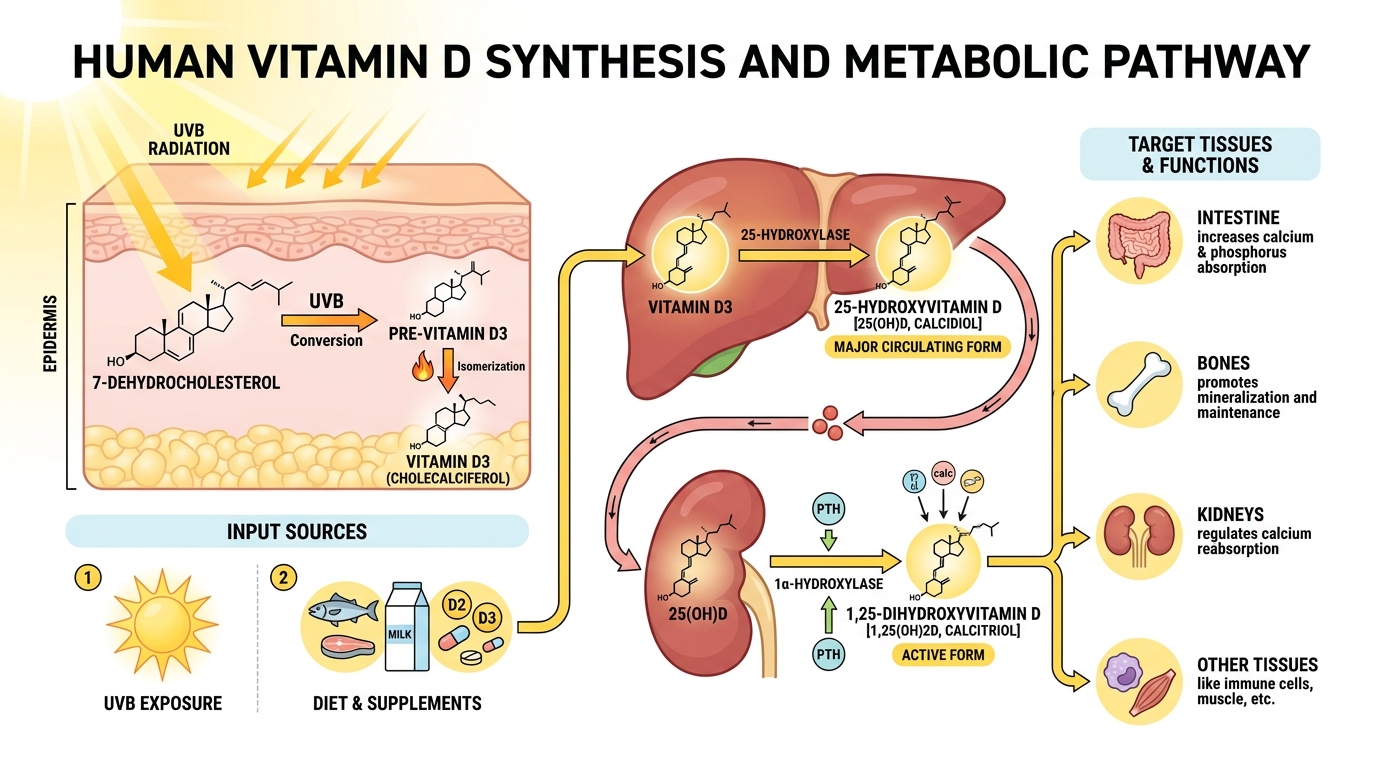 Vitamin D synthesis in skin and its role in calcium absorption