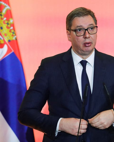 Serbian President Aleksandar Vucic speaks after accusing Montenegro of exporting drug cartels into Serbia amid a Belgrade police corruption scandal