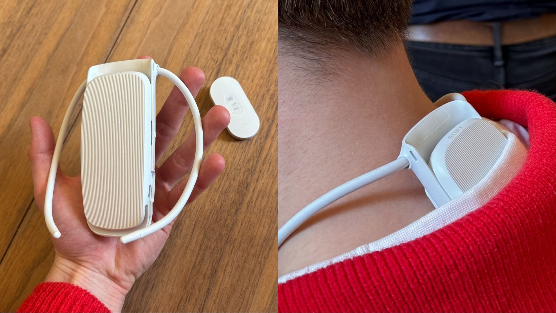 Sony Wearable Air Conditioner Used in Hot Urban Commute Man wearing Sony Reon Pocket Pro Plus wearable cooling device during summer commute in city