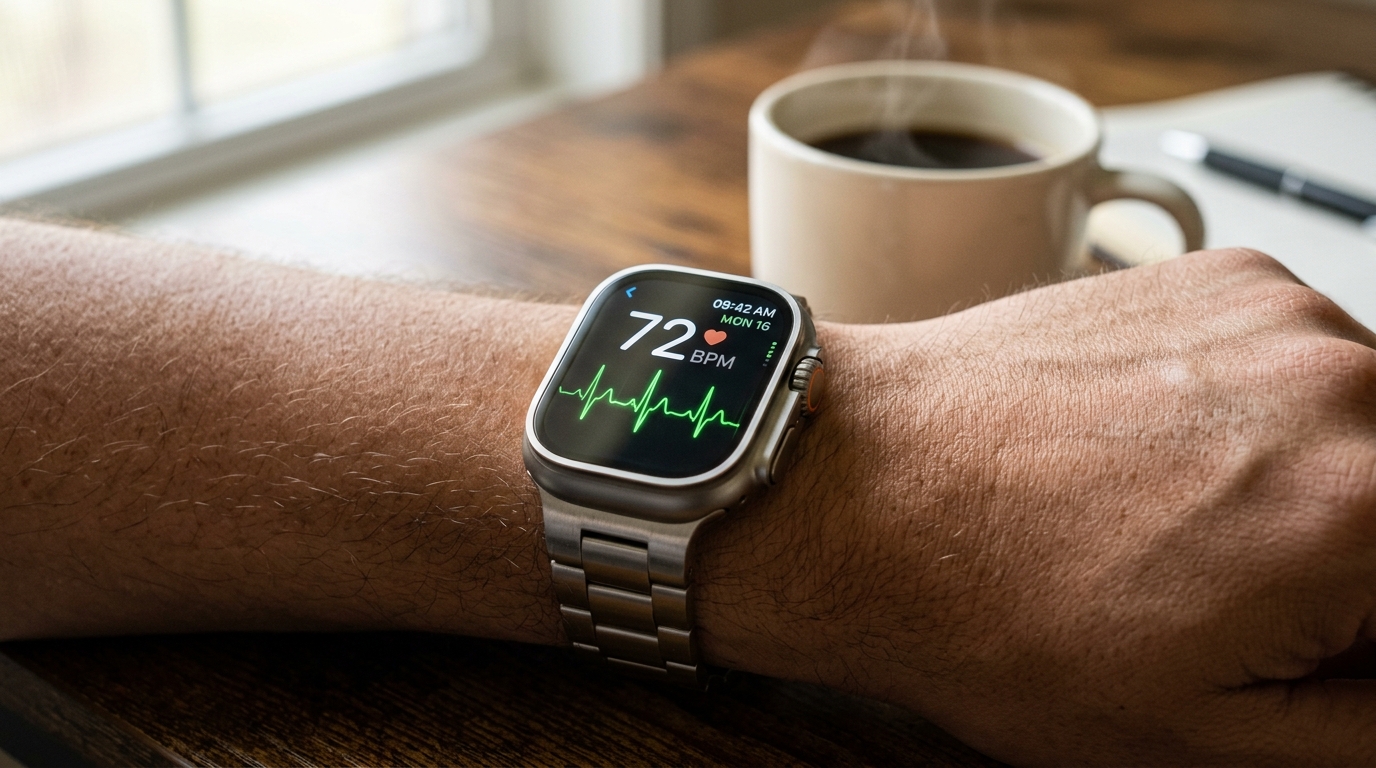 Close-up of a wearable smartwatch displaying heart rate data, used to monitor cardiovascular health and movement